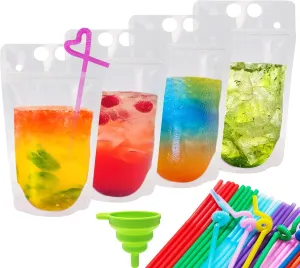 100 PCS Reusable Juice Pouches for Adults, Heavy Duty Plastic Smoothie Bags With 100 Straws Funnel for Cold Hot Drinks