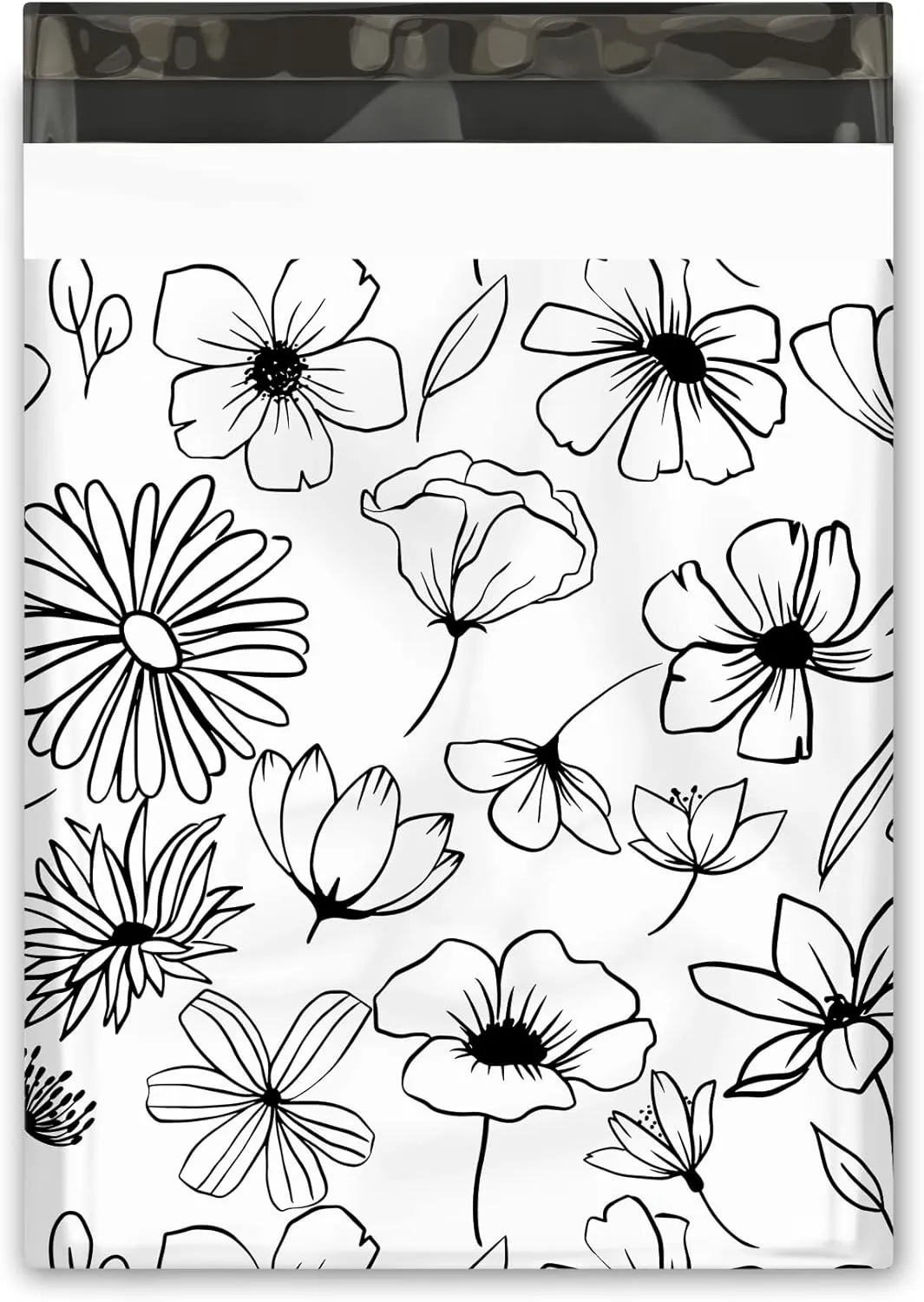 10x13 (100) Black and White Sketched Floral Summer Designer Poly Mailers Waterproof Self Sealing Tear Resistant Polymailers Shipping Envelopes Premium Printed Bags For Small Businesses