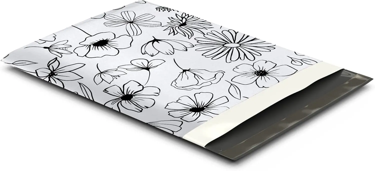 10x13 (100) Black and White Sketched Floral Summer Designer Poly Mailers Waterproof Self Sealing Tear Resistant Polymailers Shipping Envelopes Premium Printed Bags For Small Businesses