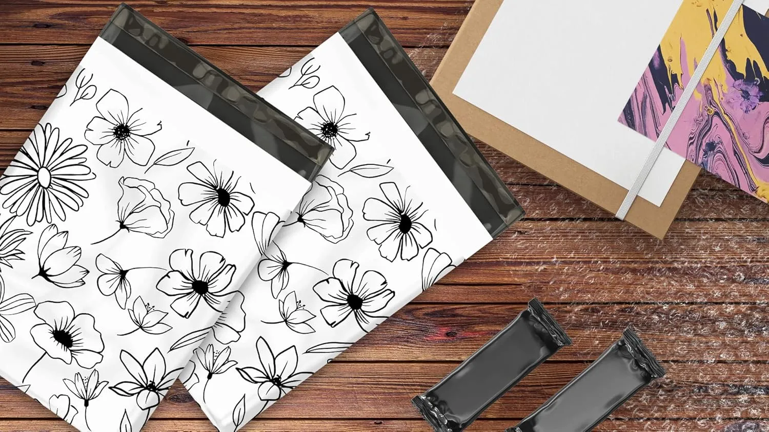 10x13 (100) Black and White Sketched Floral Summer Designer Poly Mailers Waterproof Self Sealing Tear Resistant Polymailers Shipping Envelopes Premium Printed Bags For Small Businesses