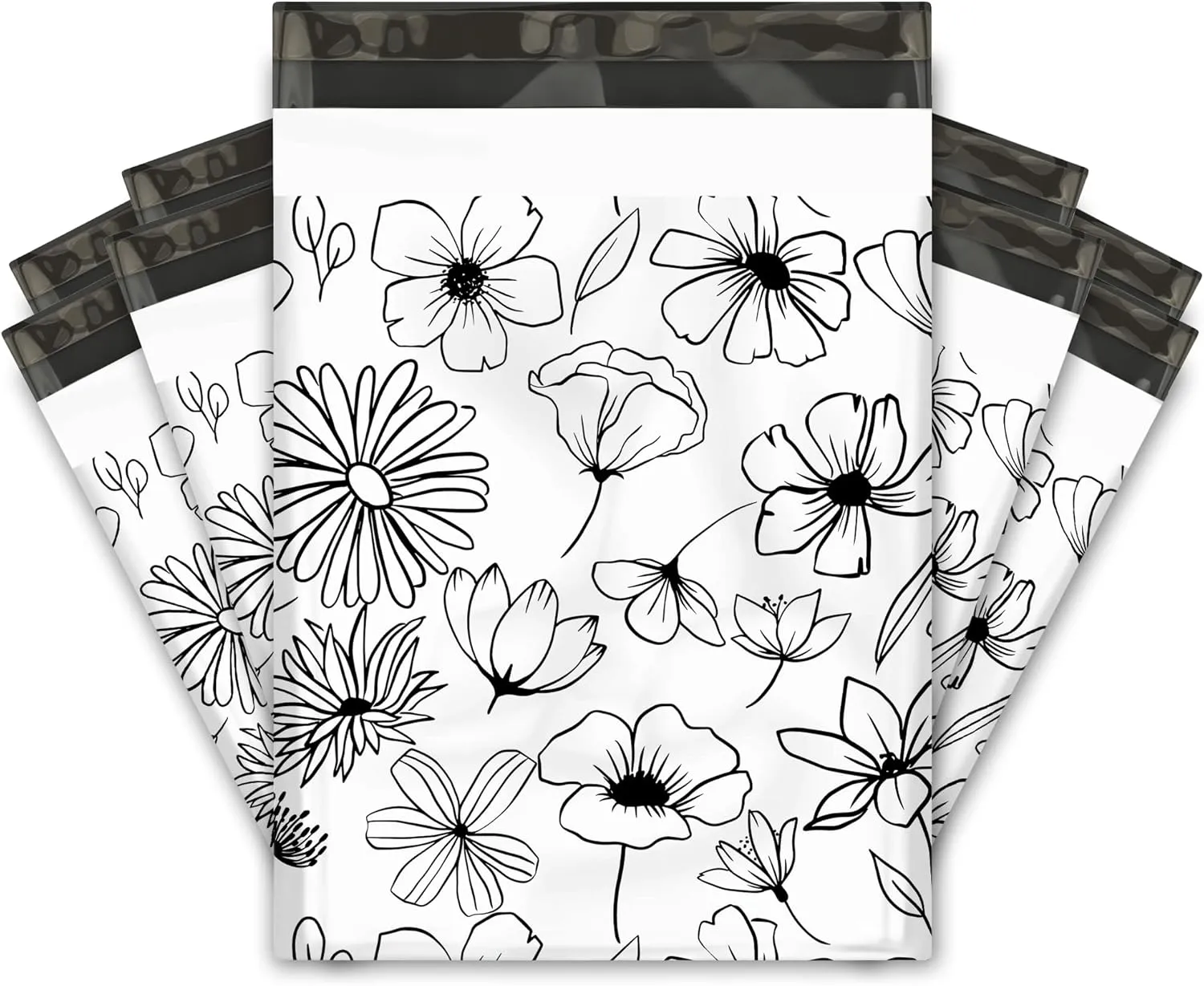 10x13 (100) Black and White Sketched Floral Summer Designer Poly Mailers Waterproof Self Sealing Tear Resistant Polymailers Shipping Envelopes Premium Printed Bags For Small Businesses