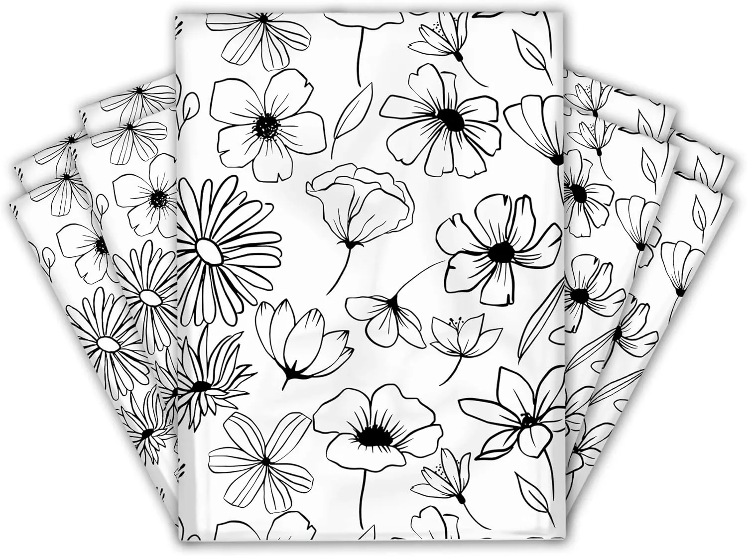10x13 (100) Black and White Sketched Floral Summer Designer Poly Mailers Waterproof Self Sealing Tear Resistant Polymailers Shipping Envelopes Premium Printed Bags For Small Businesses
