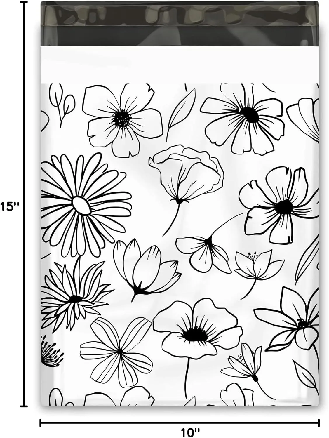 10x13 (100) Black and White Sketched Floral Summer Designer Poly Mailers Waterproof Self Sealing Tear Resistant Polymailers Shipping Envelopes Premium Printed Bags For Small Businesses