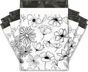 10x13 (100) Black and White Sketched Floral Summer Designer Poly Mailers Waterproof Self Sealing Tear Resistant Polymailers Shipping Envelopes Premium Printed Bags For Small Businesses