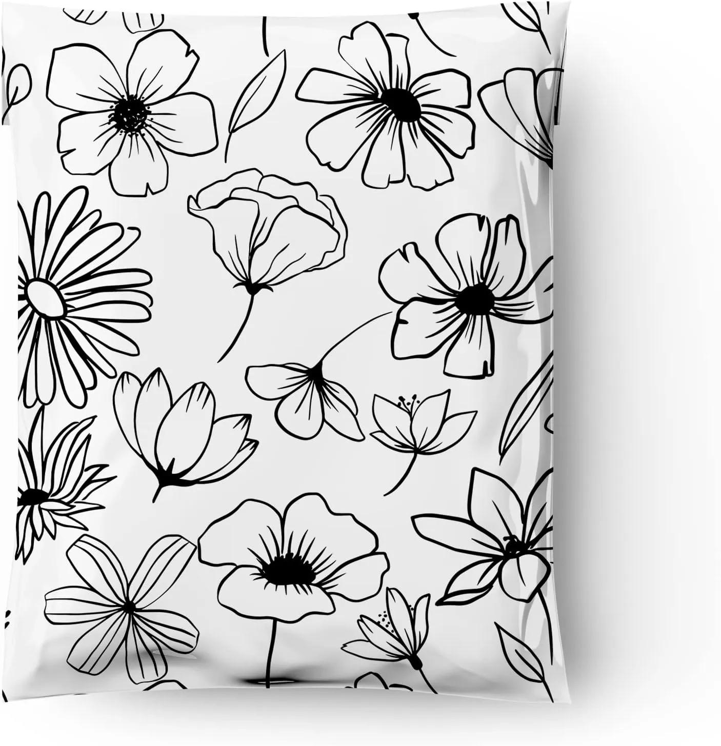 10x13 (100) Black and White Sketched Floral Summer Designer Poly Mailers Waterproof Self Sealing Tear Resistant Polymailers Shipping Envelopes Premium Printed Bags For Small Businesses