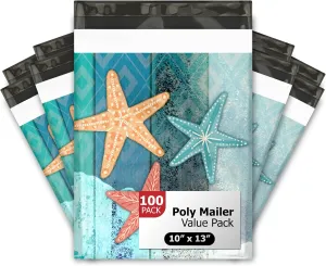 10x13 (100) Starfish Designer Poly Mailers Waterproof Self Sealing Tear Resistant Polymailers Shipping Envelopes Premium Printed Bags For Small Businesses