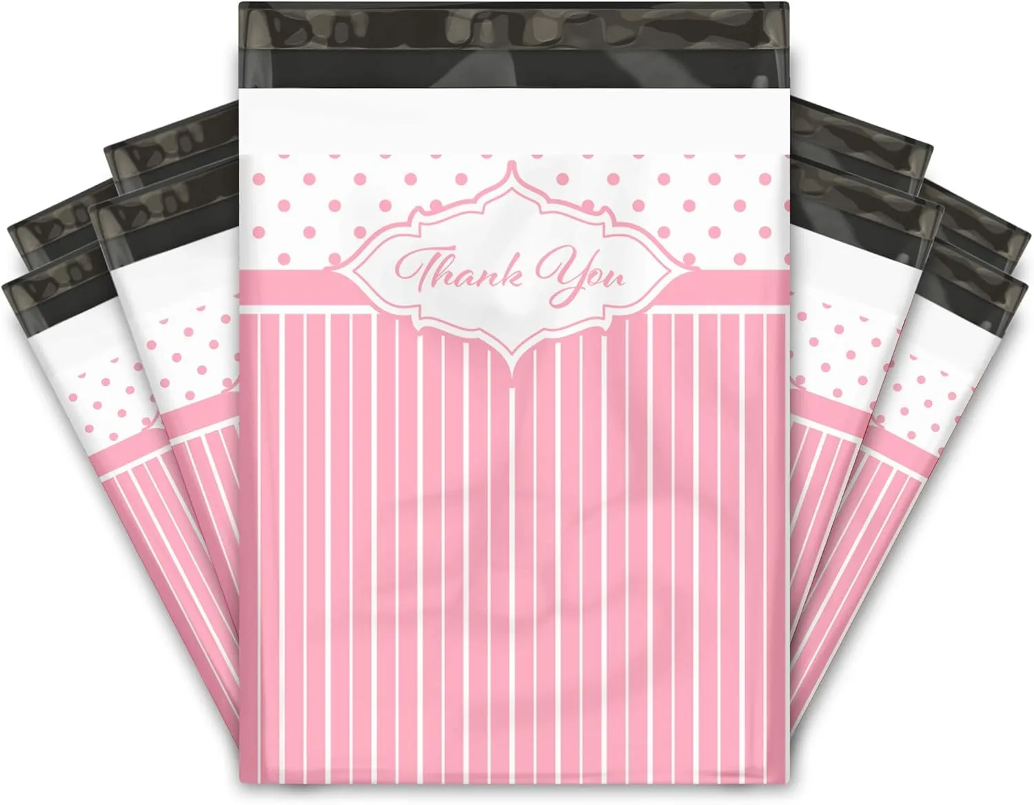10x13 (100) Thank You Pink Stripes Polka Dots Valentine's Day Designer Poly Mailers Waterproof Self Sealing Tear Resistant Polymailers Shipping Envelopes Premium Printed Bags For Small Businesses