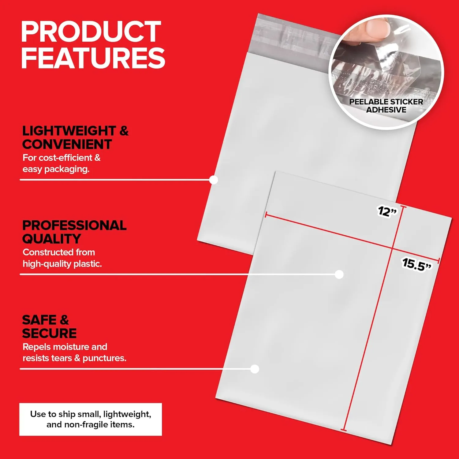 12x15 Poly Mailers (100 Count) Waterproof White Plastic Shipping Bags for Clothes, packages & Returns, Multipurpose & Durable Self-Sealing Shipping Envelopes