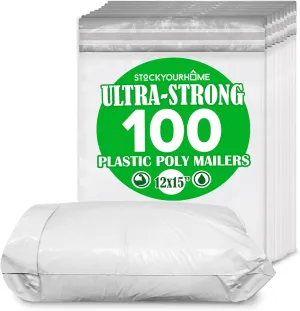 12x15 Poly Mailers (100 Count) Waterproof White Plastic Shipping Bags for Clothes, packages & Returns, Multipurpose & Durable Self-Sealing Shipping Envelopes