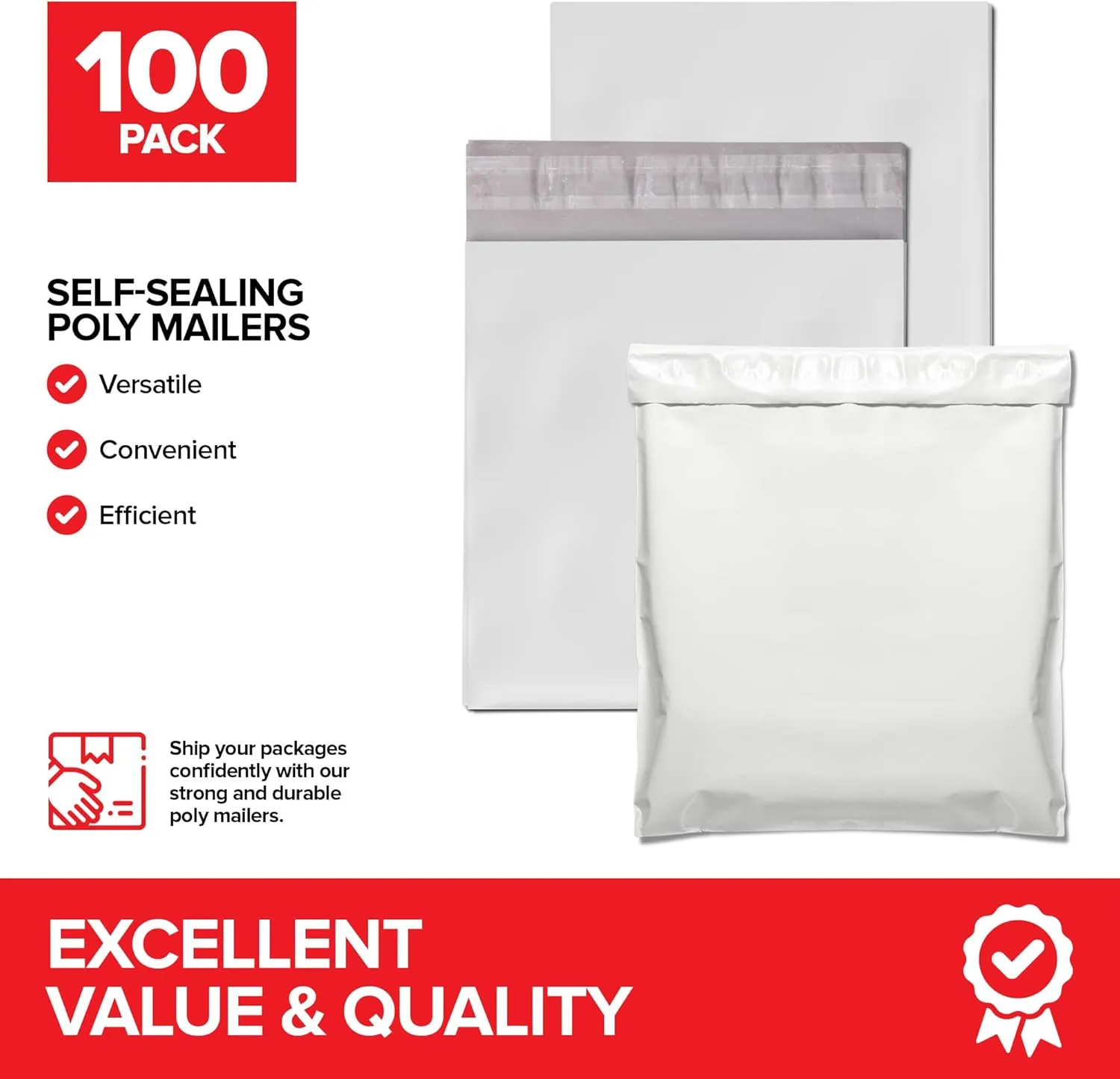 12x15 Poly Mailers (100 Count) Waterproof White Plastic Shipping Bags for Clothes, packages & Returns, Multipurpose & Durable Self-Sealing Shipping Envelopes