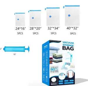 20 Pack Vacuum Storage Bags with Pump,Space Saver Bags (5 Jumbo/5 Large/5 Medium/5 Small) Extra Thick Compression Bags for Clothes,Blankets,Comforters Airtight Travel Storage Bags for Home & Moving