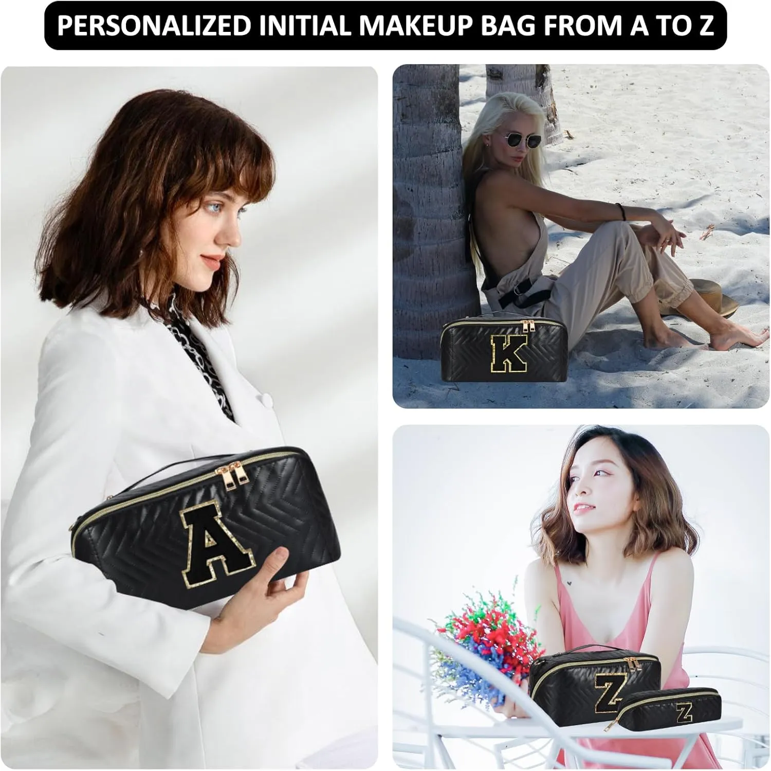 2Pcs Initial Makeup Bags for Women - Waterproof PU Leather Cosmetic Organizer, Large Capacity Open Flat Travel Set with Dividers & Handle, Personalized Birthday & festival Gift (Black, F)