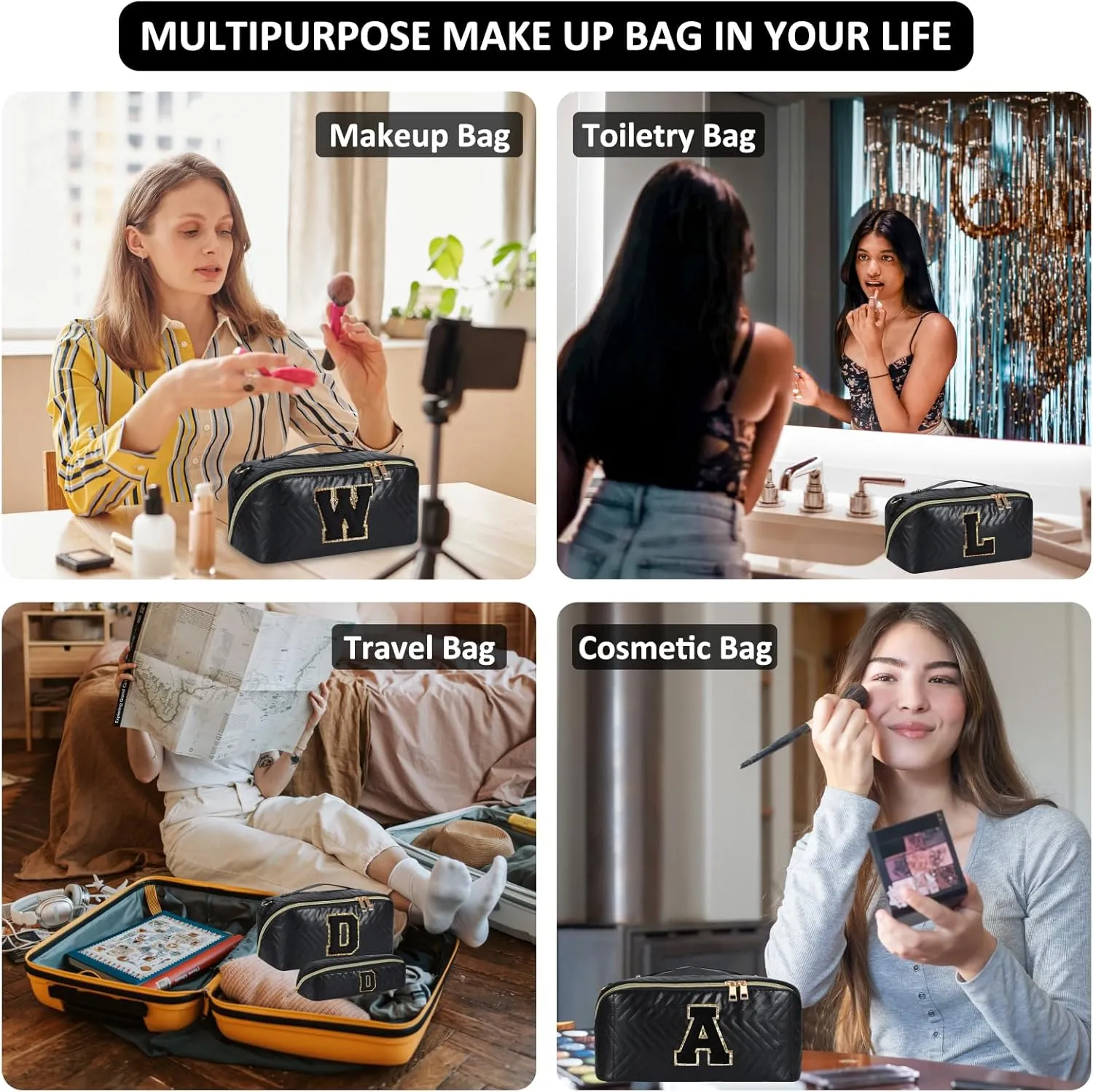 2Pcs Initial Makeup Bags for Women - Waterproof PU Leather Cosmetic Organizer, Large Capacity Open Flat Travel Set with Dividers & Handle, Personalized Birthday & festival Gift (Black, F)