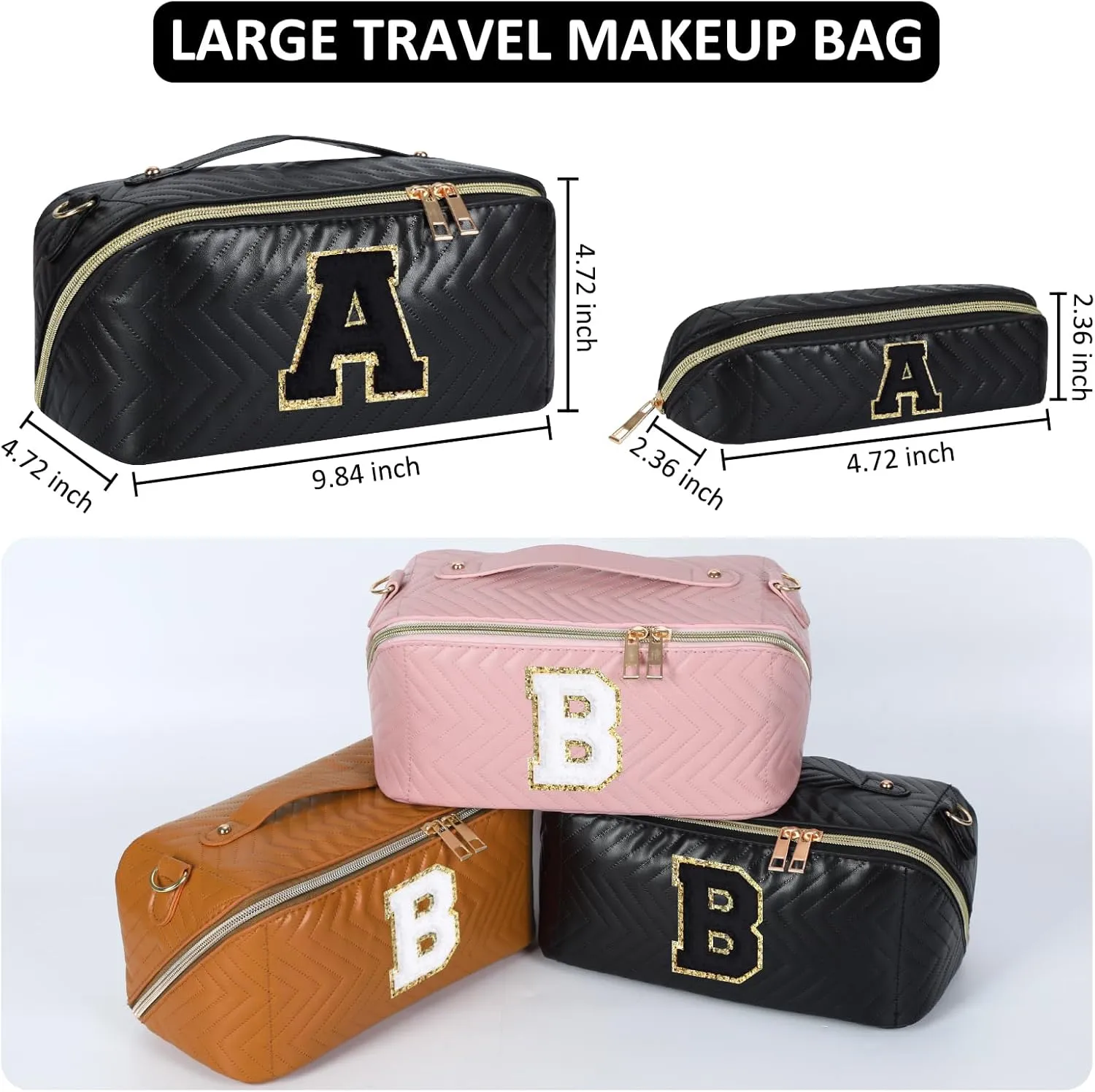 2Pcs Initial Makeup Bags for Women - Waterproof PU Leather Cosmetic Organizer, Large Capacity Open Flat Travel Set with Dividers & Handle, Personalized Birthday & festival Gift (Black, F)