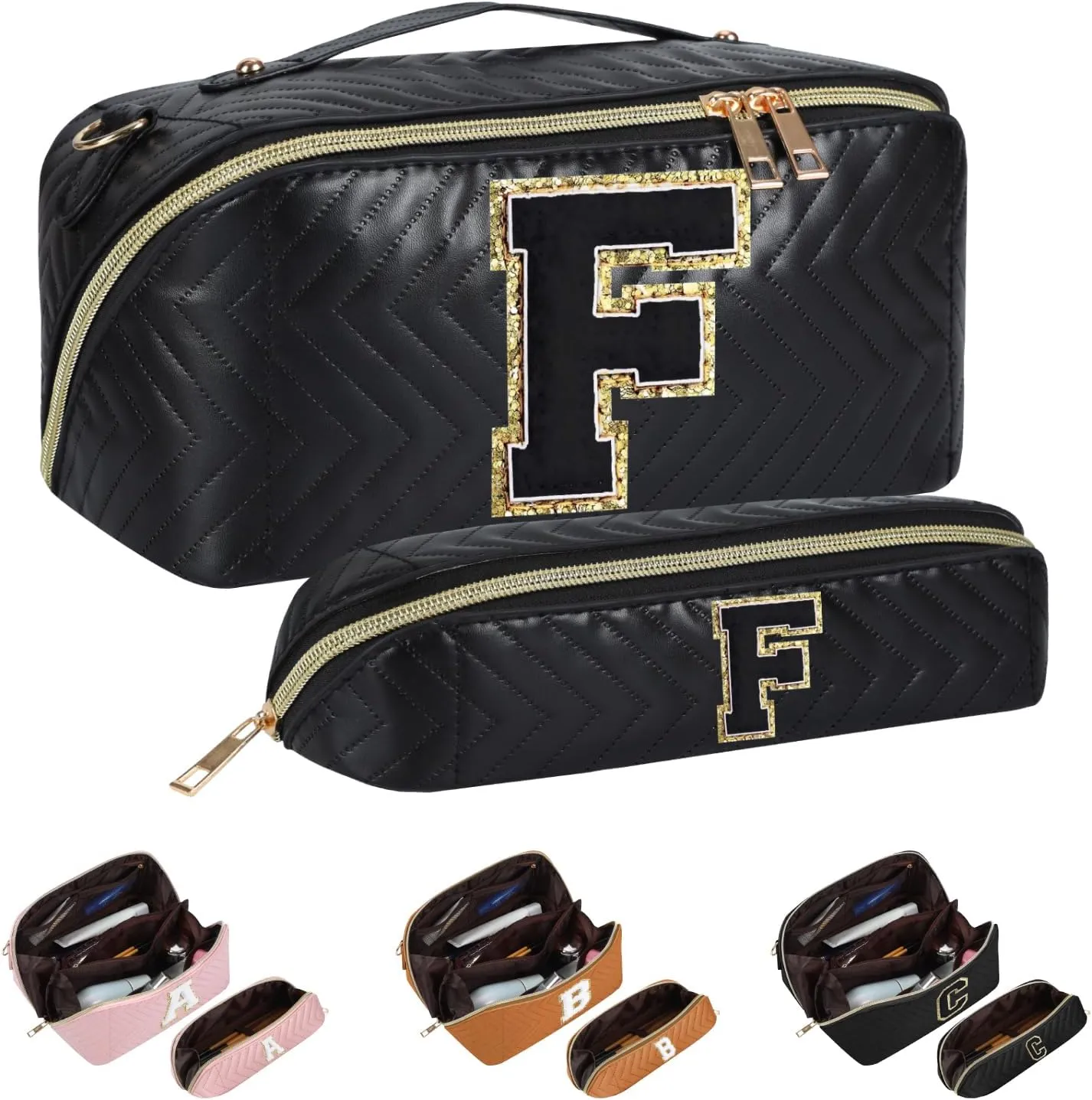 2Pcs Initial Makeup Bags for Women - Waterproof PU Leather Cosmetic Organizer, Large Capacity Open Flat Travel Set with Dividers & Handle, Personalized Birthday & festival Gift (Black, F)