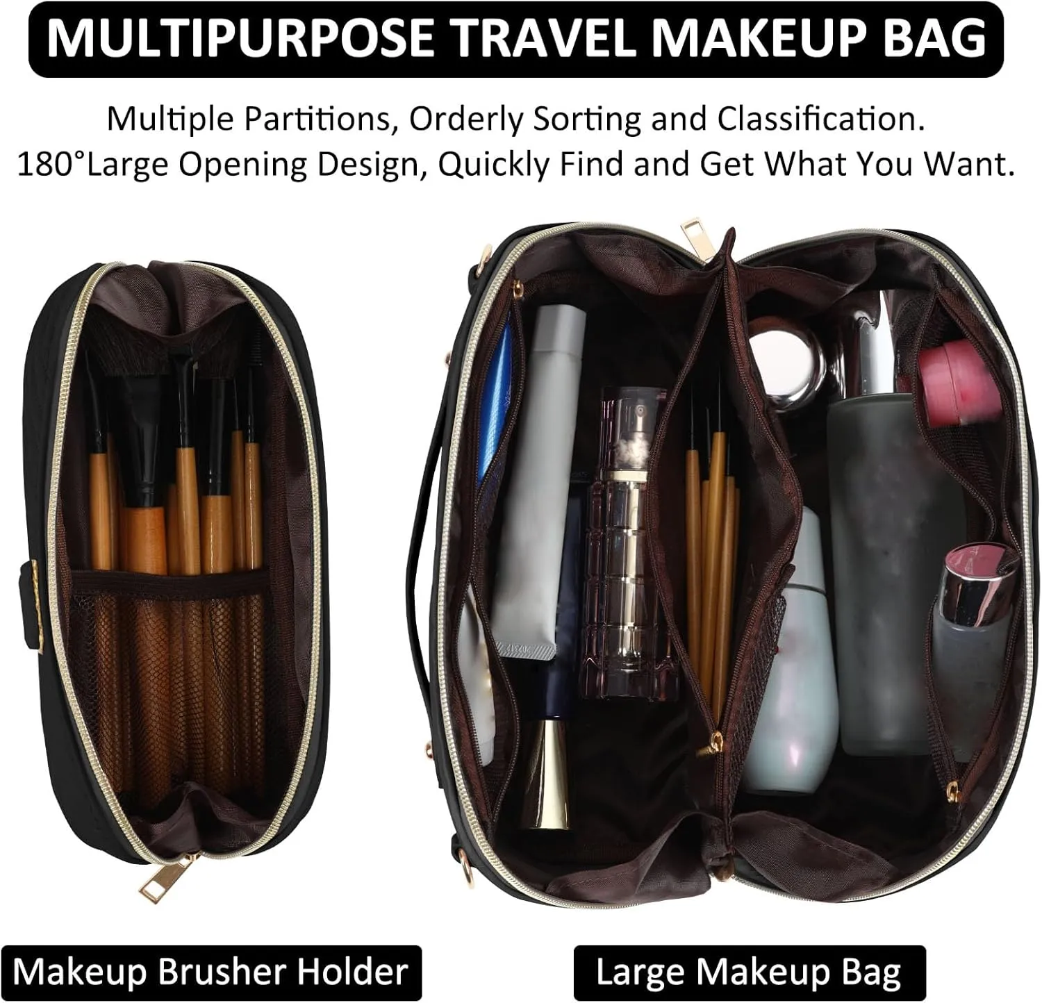 2Pcs Initial Makeup Bags for Women - Waterproof PU Leather Cosmetic Organizer, Large Capacity Open Flat Travel Set with Dividers & Handle, Personalized Birthday & festival Gift (Black, F)