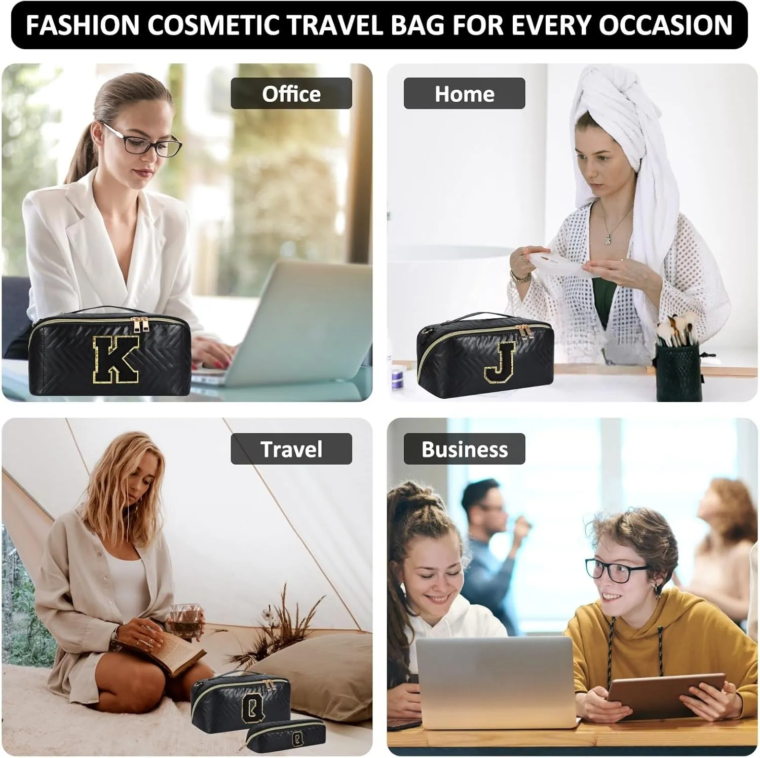 2Pcs Initial Makeup Bags for Women - Waterproof PU Leather Cosmetic Organizer, Large Capacity Open Flat Travel Set with Dividers & Handle, Personalized Birthday & festival Gift (Black, F)