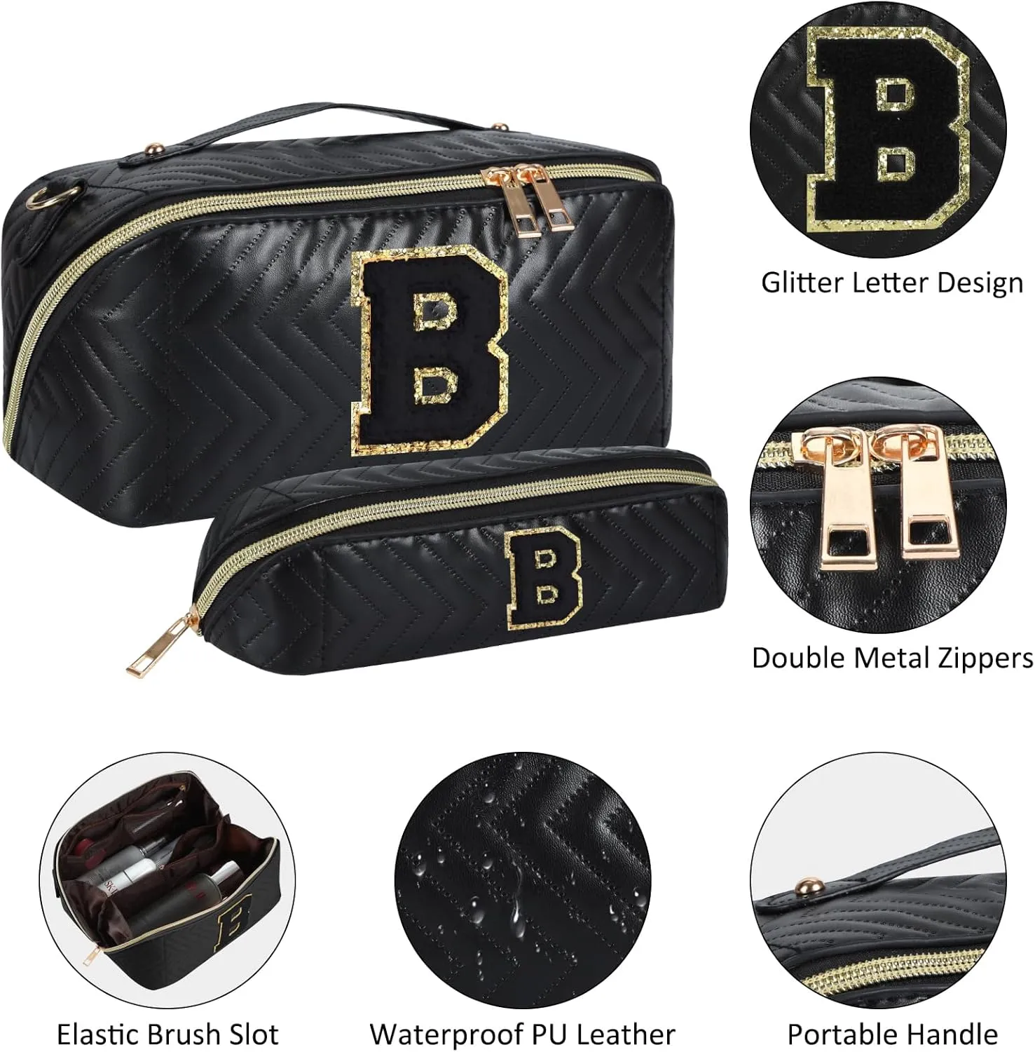 2Pcs Initial Makeup Bags for Women - Waterproof PU Leather Cosmetic Organizer, Large Capacity Open Flat Travel Set with Dividers & Handle, Personalized Birthday & festival Gift (Black, F)