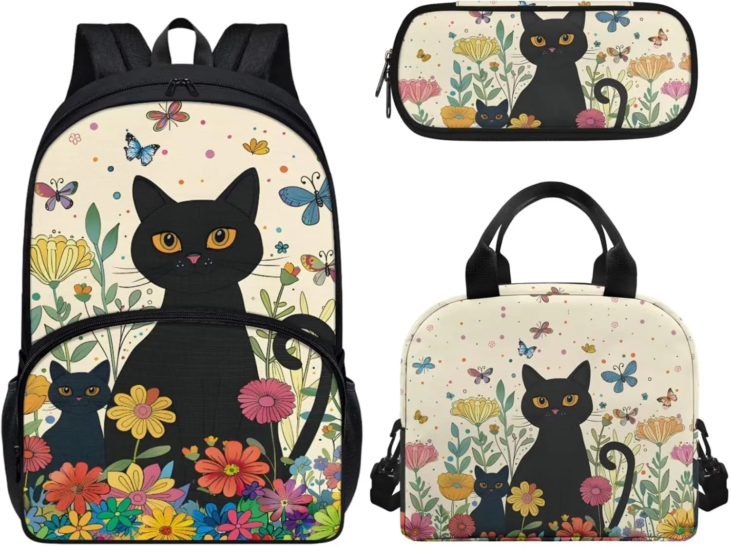 3 Pcs Cat Animal School Bookbags for Kids, Lunch Box & Pen Bags for Kids Butterfly Shoulders Package Back to School Gift Customized