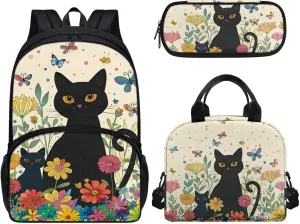 3 Pcs Cat Animal School Bookbags for Kids, Lunch Box & Pen Bags for Kids Butterfly Shoulders Package Back to School Gift Customized