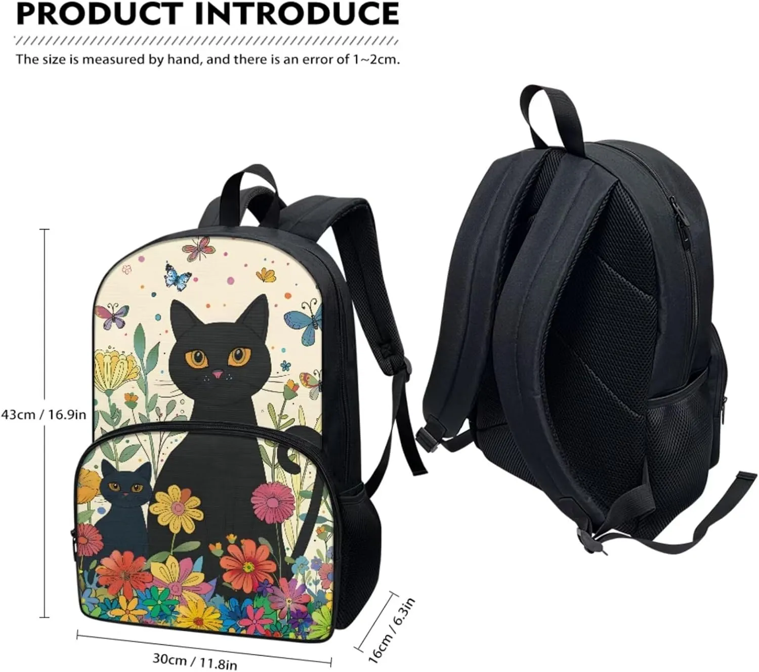 3 Pcs Cat Animal School Bookbags for Kids, Lunch Box & Pen Bags for Kids Butterfly Shoulders Package Back to School Gift Customized