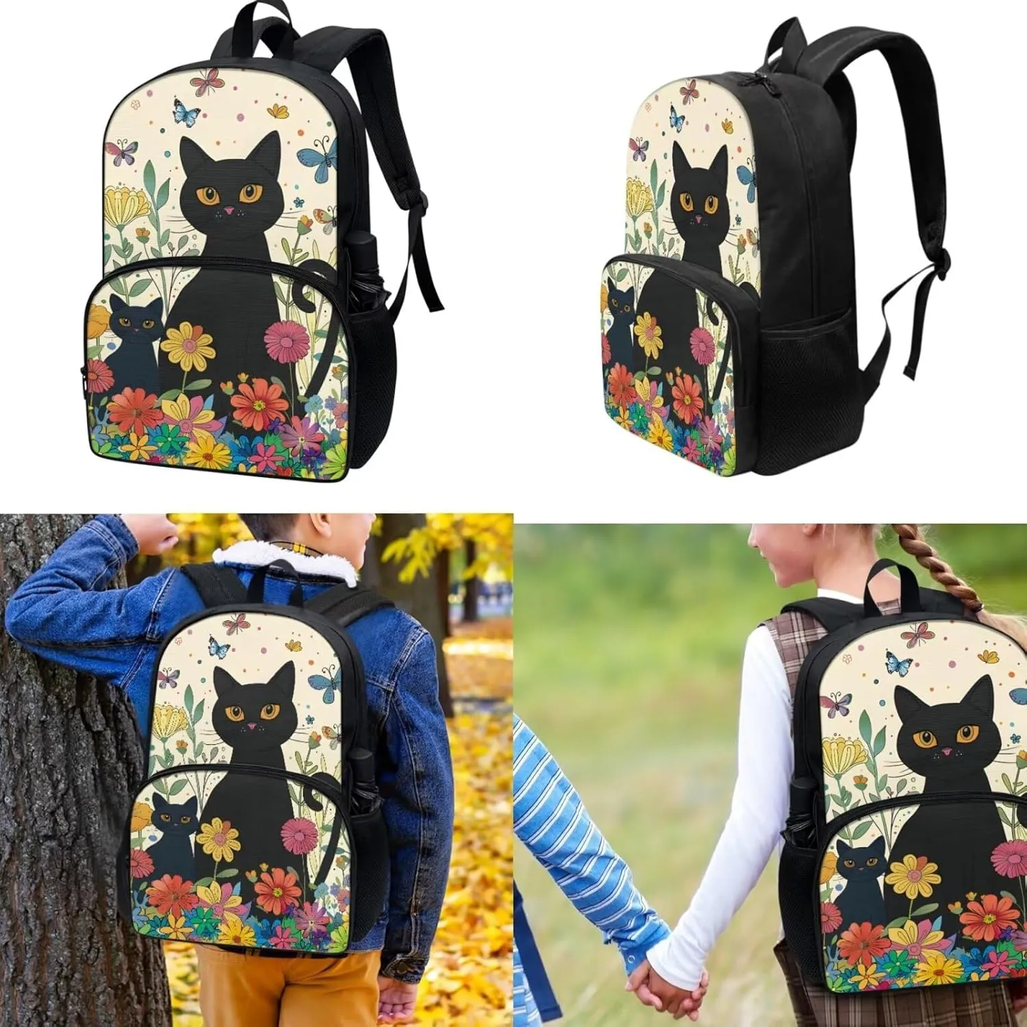 3 Pcs Cat Animal School Bookbags for Kids, Lunch Box & Pen Bags for Kids Butterfly Shoulders Package Back to School Gift Customized