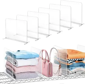 6 Pack Shelf Dividers for Wire Shelves, Acrylic Clear Closet Organizers and Storage for Sweater, Shirts, Bookshelf Handbags Separators Dividers for Closet Organization in Bedroom/Kitchen/Office/Pantry