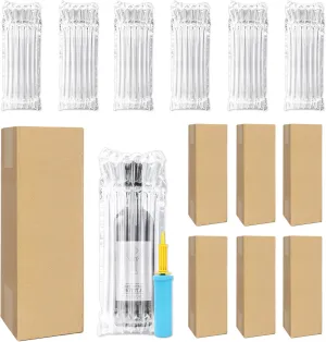 6 Sets Wine Bottle Travel Protector Bags Inflatable Air Column Bubble Cushion Wrap Pouches Packaging Sleeves with Corrugated Box and Pump for Wine Packing Transport