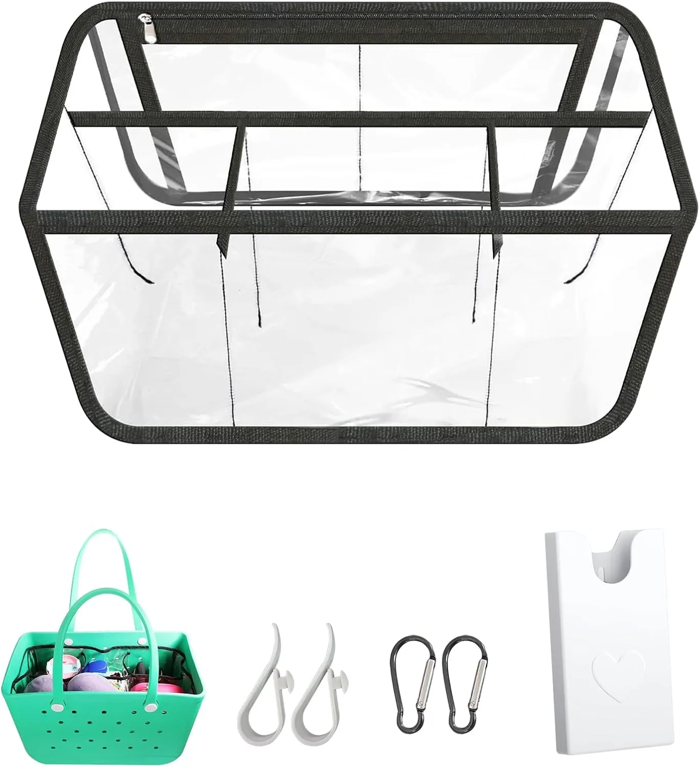 6Pcs Clear Beach Bag Organizer Accessories for Bogg Bag X Large, with Insert Phone Holder Carabiner Key Organizing Your Bag and Divide Space (Black)