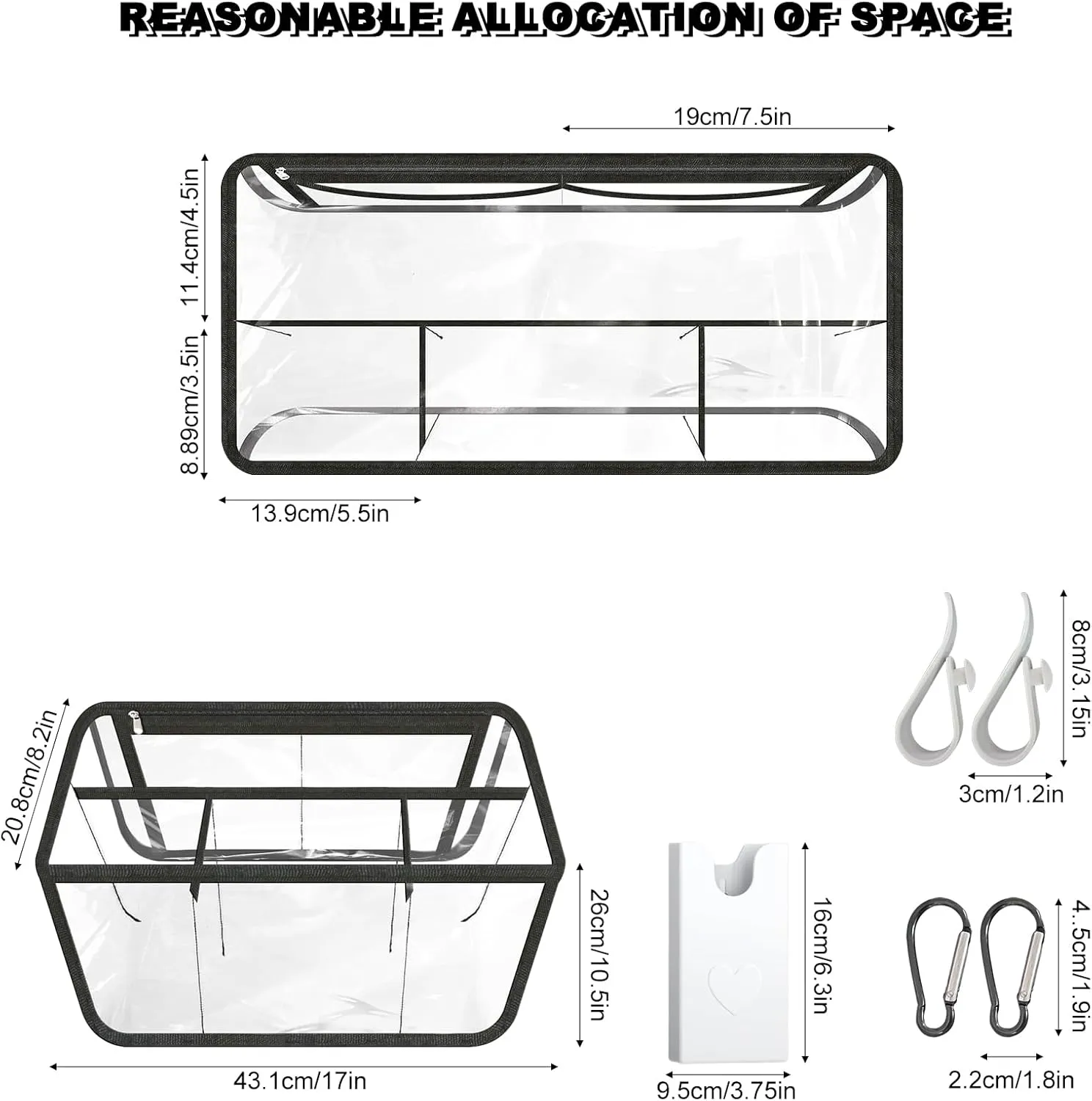 6Pcs Clear Beach Bag Organizer Accessories for Bogg Bag X Large, with Insert Phone Holder Carabiner Key Organizing Your Bag and Divide Space (Black)