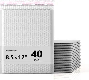 8.5 x 11 Inch Bubble Mailer 40 Pack, Waterproof Padded Envelopes with Strong Self-Seal Adhesive, Cushioning Shipping Bags with Bright Color for Small Business - White