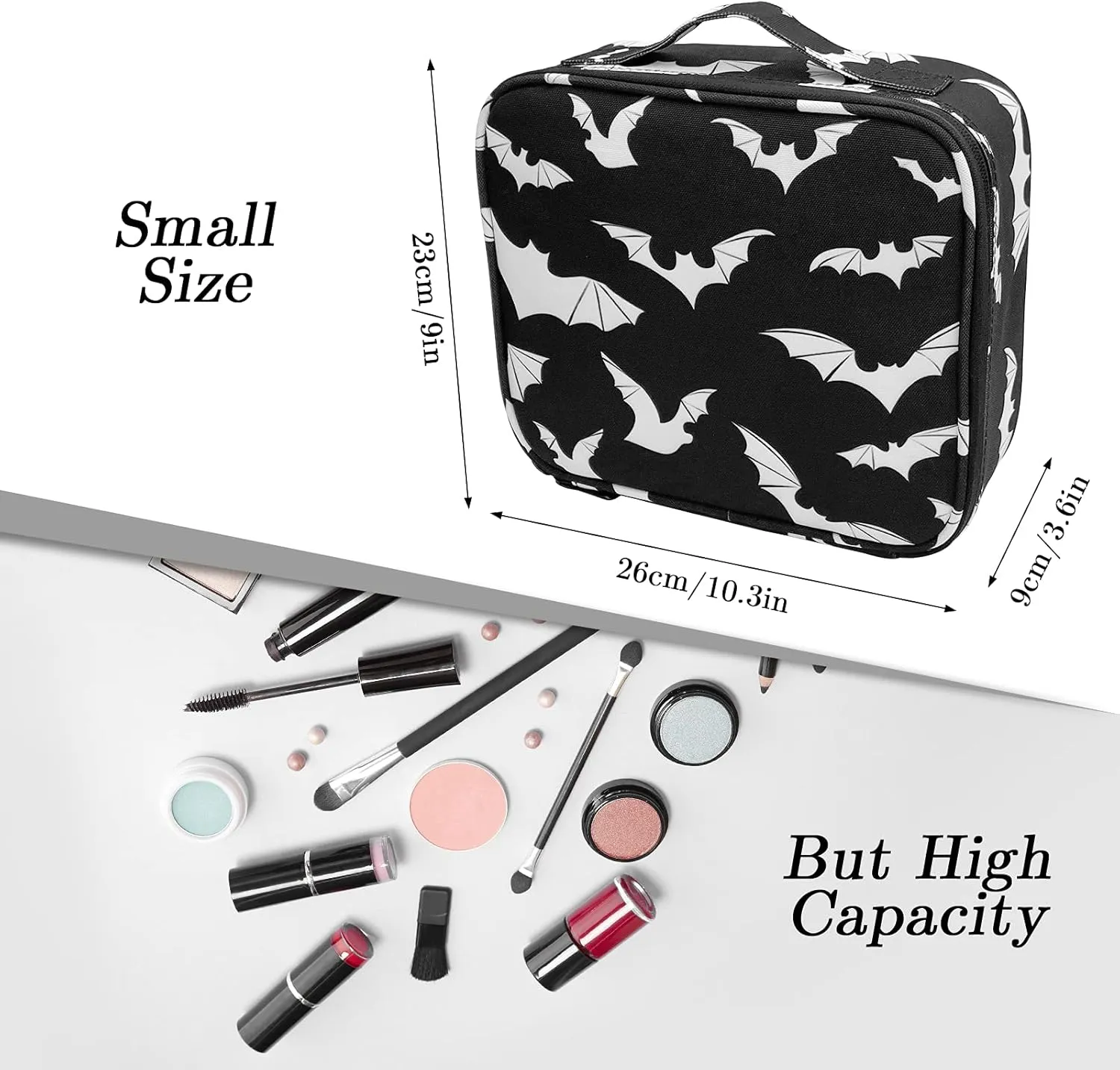 9CH Goth Makeup Organizer Bag, Halloween Makeup Bags Large Cosmetic Bag with Adjustable Dividers Portable Bat Cosmetic Case for Make up Brushes Toiletry Jewelry（Black Bats）