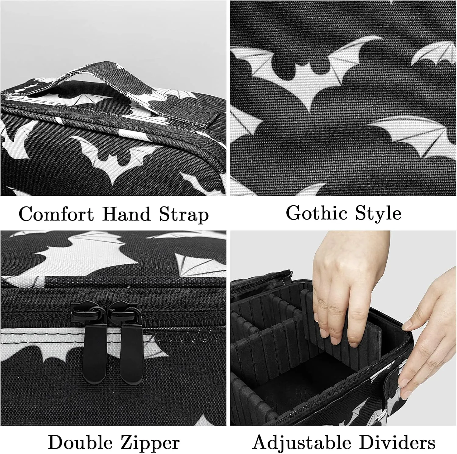 9CH Goth Makeup Organizer Bag, Halloween Makeup Bags Large Cosmetic Bag with Adjustable Dividers Portable Bat Cosmetic Case for Make up Brushes Toiletry Jewelry（Black Bats）