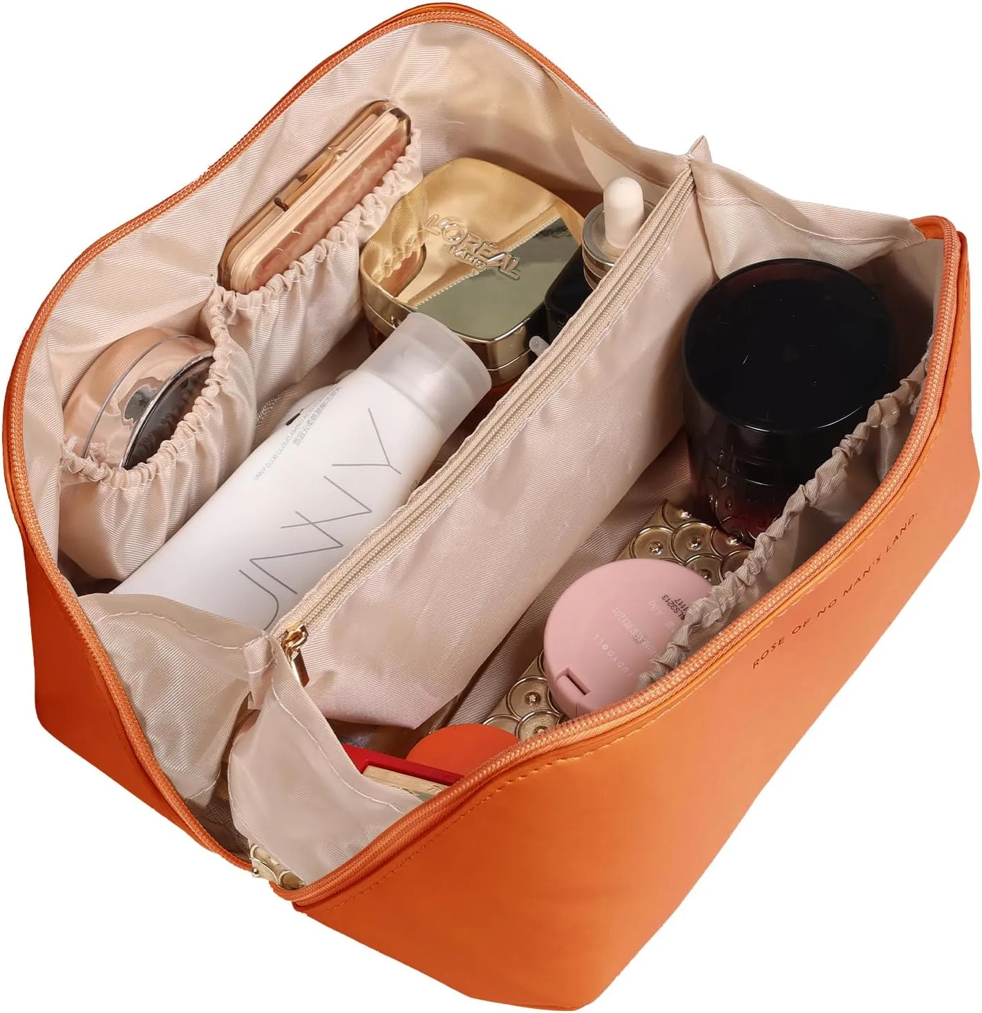 AICase Travel Makeup Bag,Large Capacity Cosmetic Bags for Women,Multifunctional Leather Waterproof Portable Pouch Open Flat Toiletry Bag Make up Organizer with Divider and Handle_1