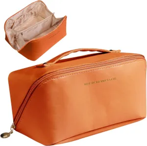 AICase Travel Makeup Bag,Large Capacity Cosmetic Bags for Women,Multifunctional Leather Waterproof Portable Pouch Open Flat Toiletry Bag Make up Organizer with Divider and Handle_1