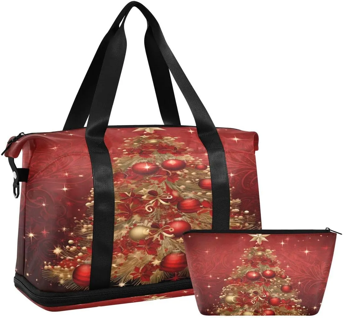 ALAZA Gold Red Bell Merry Christmas Travel Duffel Bag with Shoe Compartment Tote Bag Weekender Overnight Bag with Wet Pocket for Travel,Gym,Yoga,Swimming