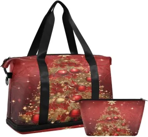 ALAZA Gold Red Bell Merry Christmas Travel Duffel Bag with Shoe Compartment Tote Bag Weekender Overnight Bag with Wet Pocket for Travel,Gym,Yoga,Swimming