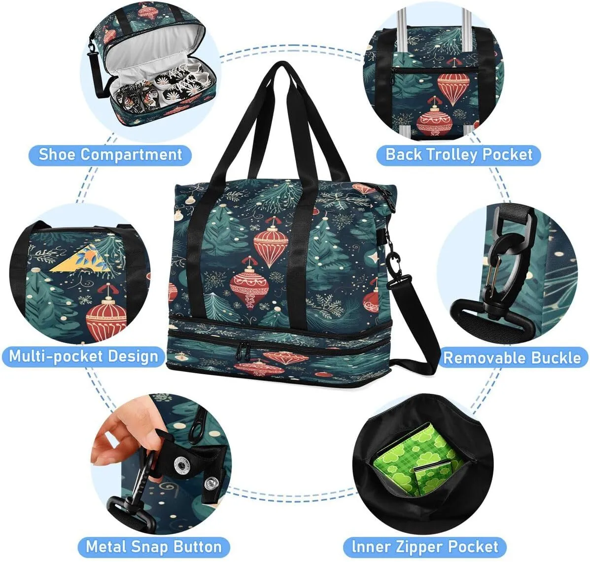 ALAZA Green Snowflake Snow Ball Xmas Travel Duffel Bag with Shoe Compartment Tote Bag Weekender Overnight Bag with Wet Pocket for Travel,Gym,Yoga,Swimming