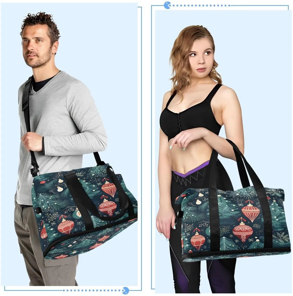ALAZA Green Snowflake Snow Ball Xmas Travel Duffel Bag with Shoe Compartment Tote Bag Weekender Overnight Bag with Wet Pocket for Travel,Gym,Yoga,Swimming