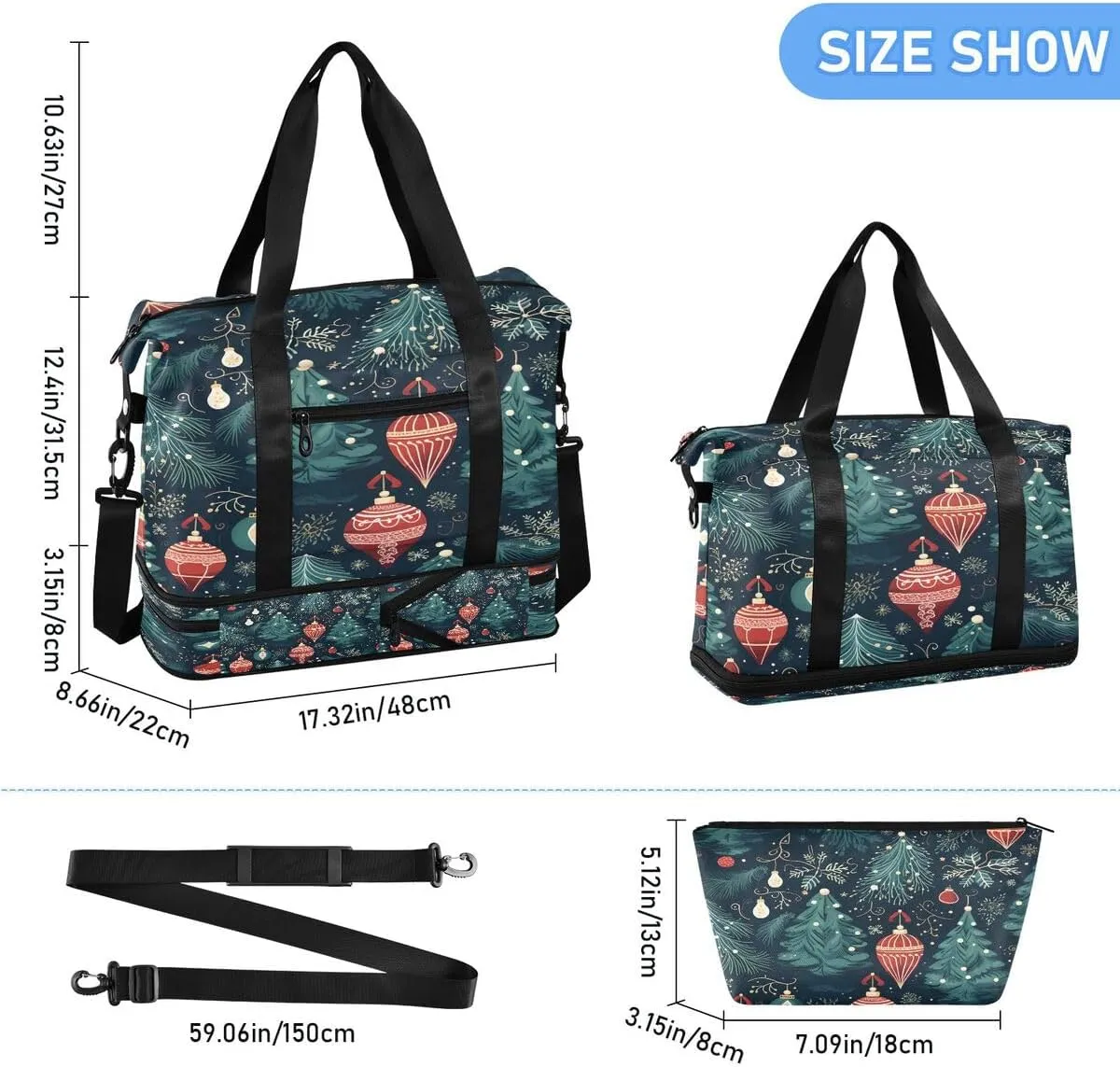 ALAZA Green Snowflake Snow Ball Xmas Travel Duffel Bag with Shoe Compartment Tote Bag Weekender Overnight Bag with Wet Pocket for Travel,Gym,Yoga,Swimming