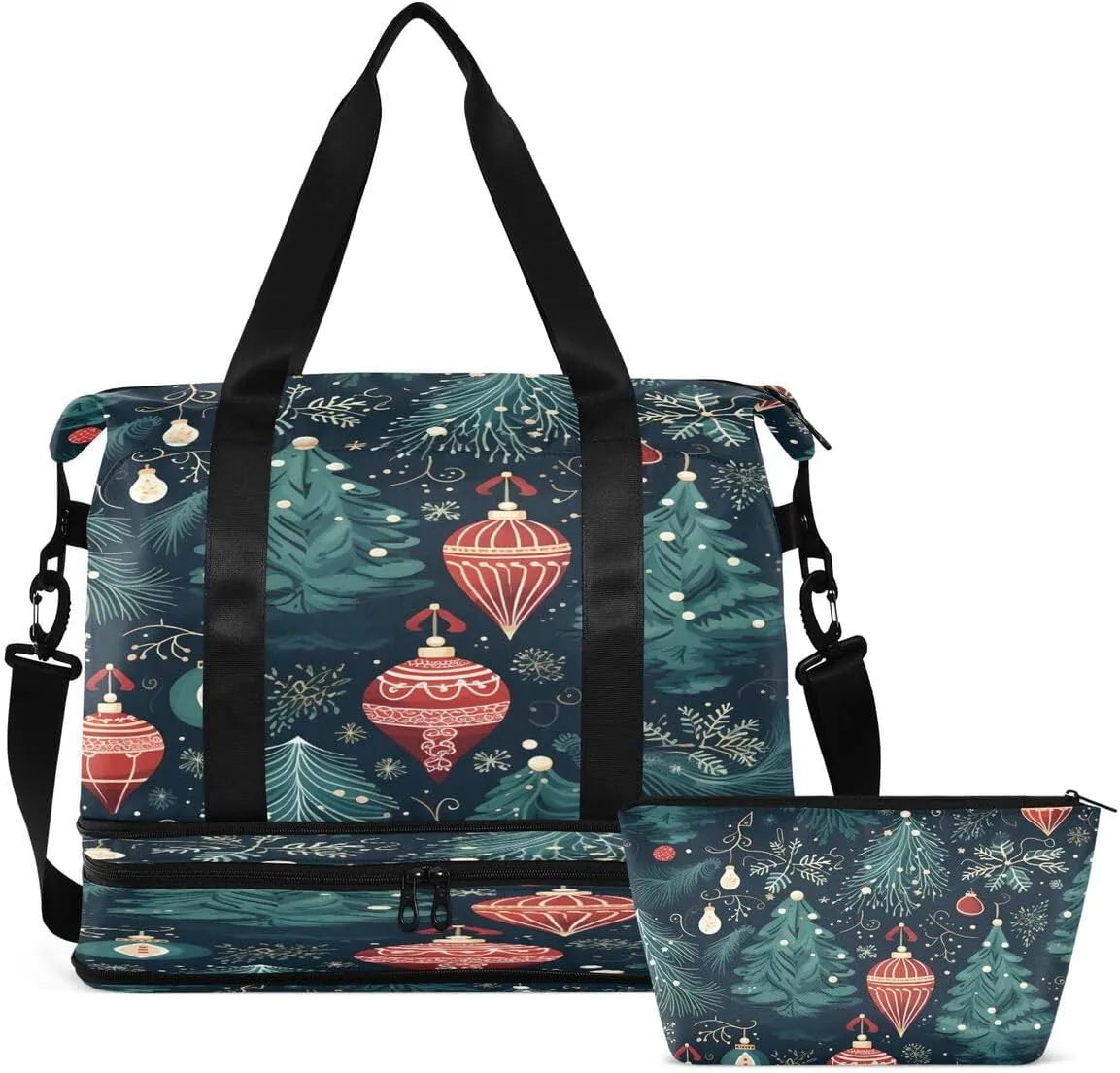 ALAZA Green Snowflake Snow Ball Xmas Travel Duffel Bag with Shoe Compartment Tote Bag Weekender Overnight Bag with Wet Pocket for Travel,Gym,Yoga,Swimming