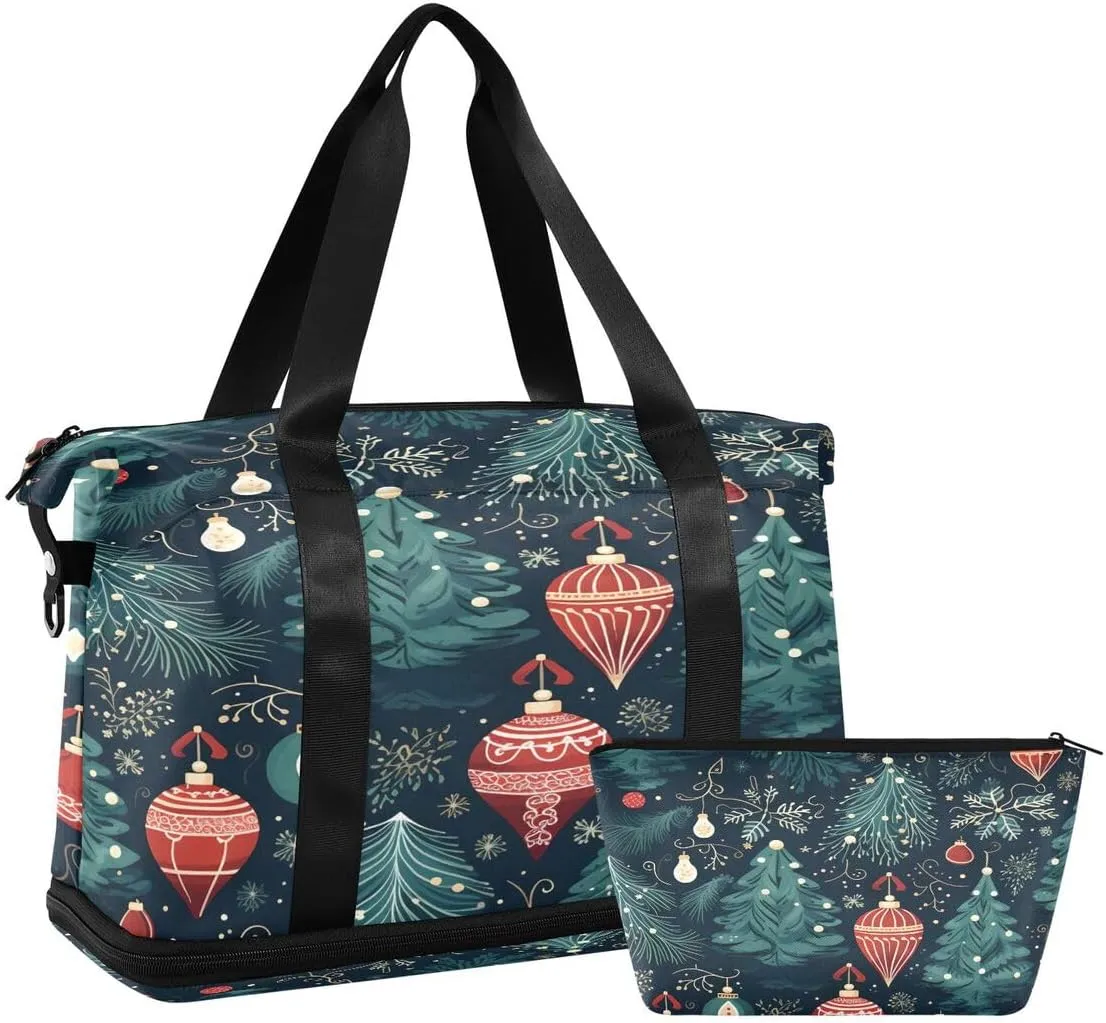ALAZA Green Snowflake Snow Ball Xmas Travel Duffel Bag with Shoe Compartment Tote Bag Weekender Overnight Bag with Wet Pocket for Travel,Gym,Yoga,Swimming