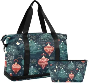 ALAZA Green Snowflake Snow Ball Xmas Travel Duffel Bag with Shoe Compartment Tote Bag Weekender Overnight Bag with Wet Pocket for Travel,Gym,Yoga,Swimming