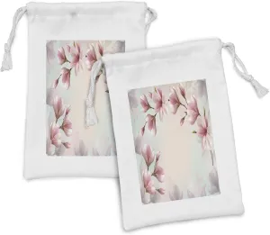 Ambesonne Magnolia Fabric Pouch Set of 2, Double Exposure Effect Fragile Pink Petals and Sprouting Branches, Small Drawstring Bag for Toiletries Masks and Favors, 9" x 6", Dark Coral and Pale Pink