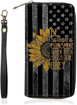 American Flag and Sunflower Quotes Print Wallet for Women Large Capacity Wallet Credit Card Holder PU Leather Zipper Clutch Purse Phone Wallet