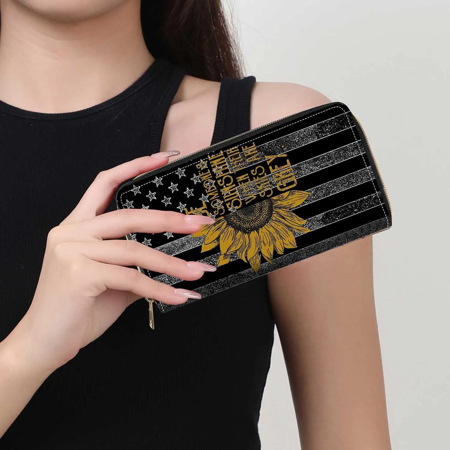 American Flag and Sunflower Quotes Print Wallet for Women Large Capacity Wallet Credit Card Holder PU Leather Zipper Clutch Purse Phone Wallet