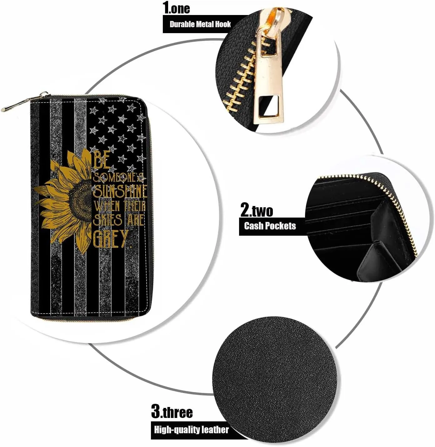 American Flag and Sunflower Quotes Print Wallet for Women Large Capacity Wallet Credit Card Holder PU Leather Zipper Clutch Purse Phone Wallet