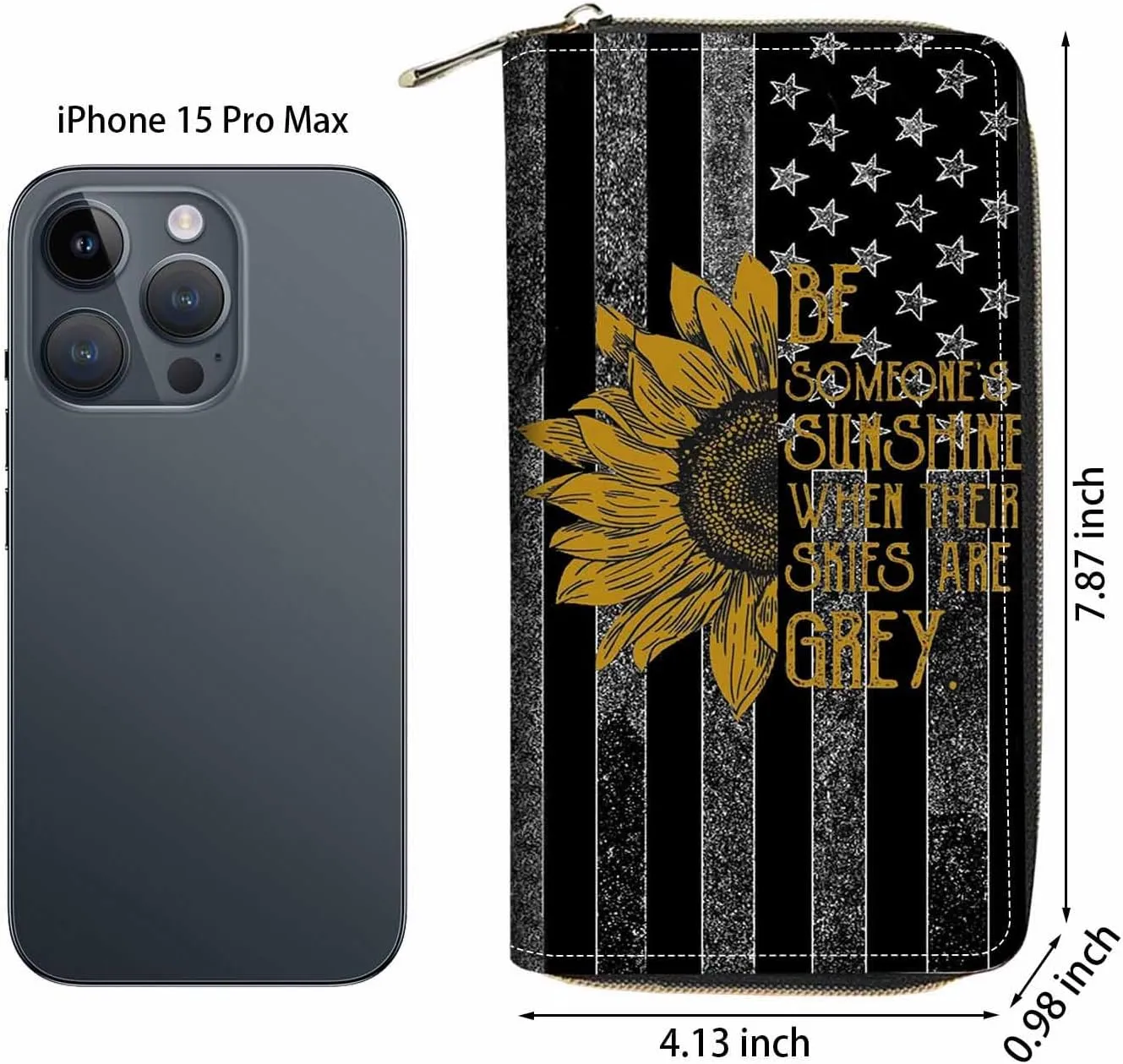 American Flag and Sunflower Quotes Print Wallet for Women Large Capacity Wallet Credit Card Holder PU Leather Zipper Clutch Purse Phone Wallet