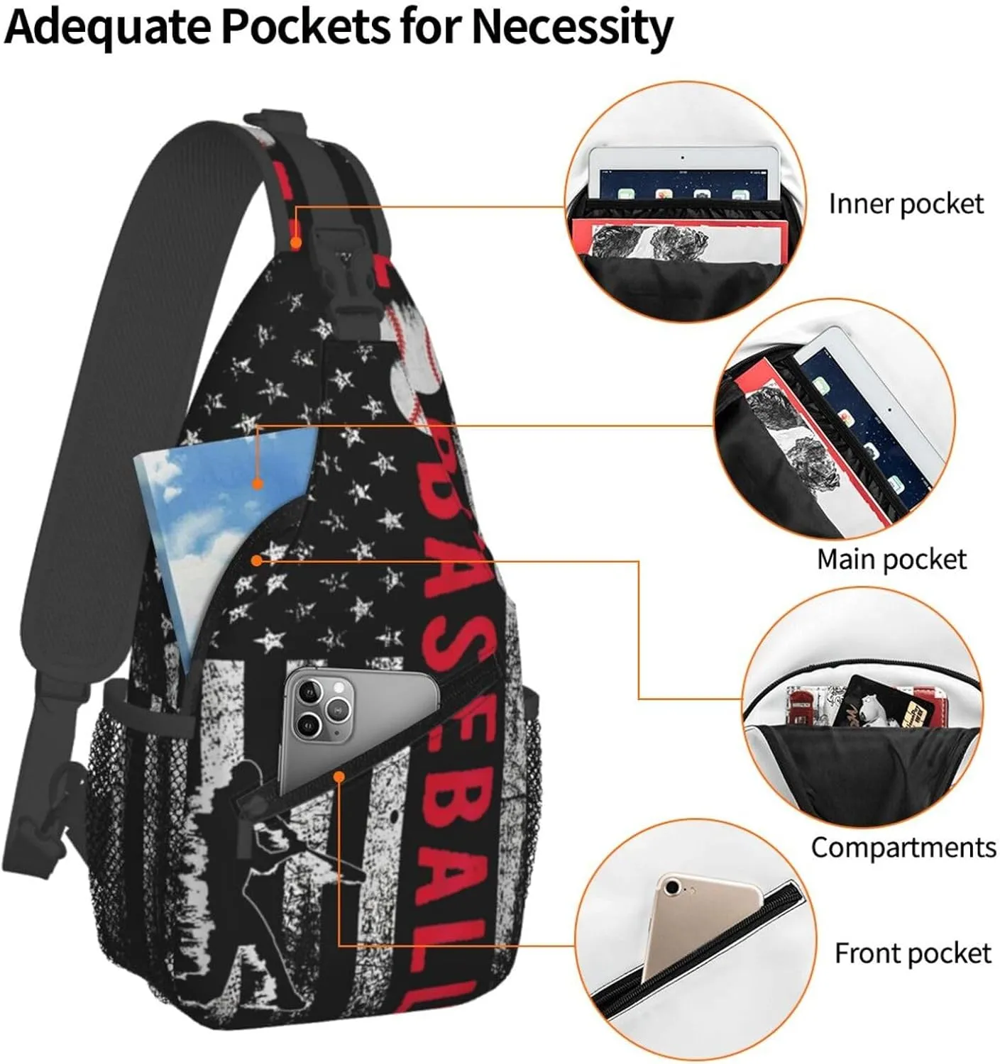American Flag Baseball Chest Bags Crossbody Sling Bag Shoulder Bag Travel Hiking Daypack For Men Women