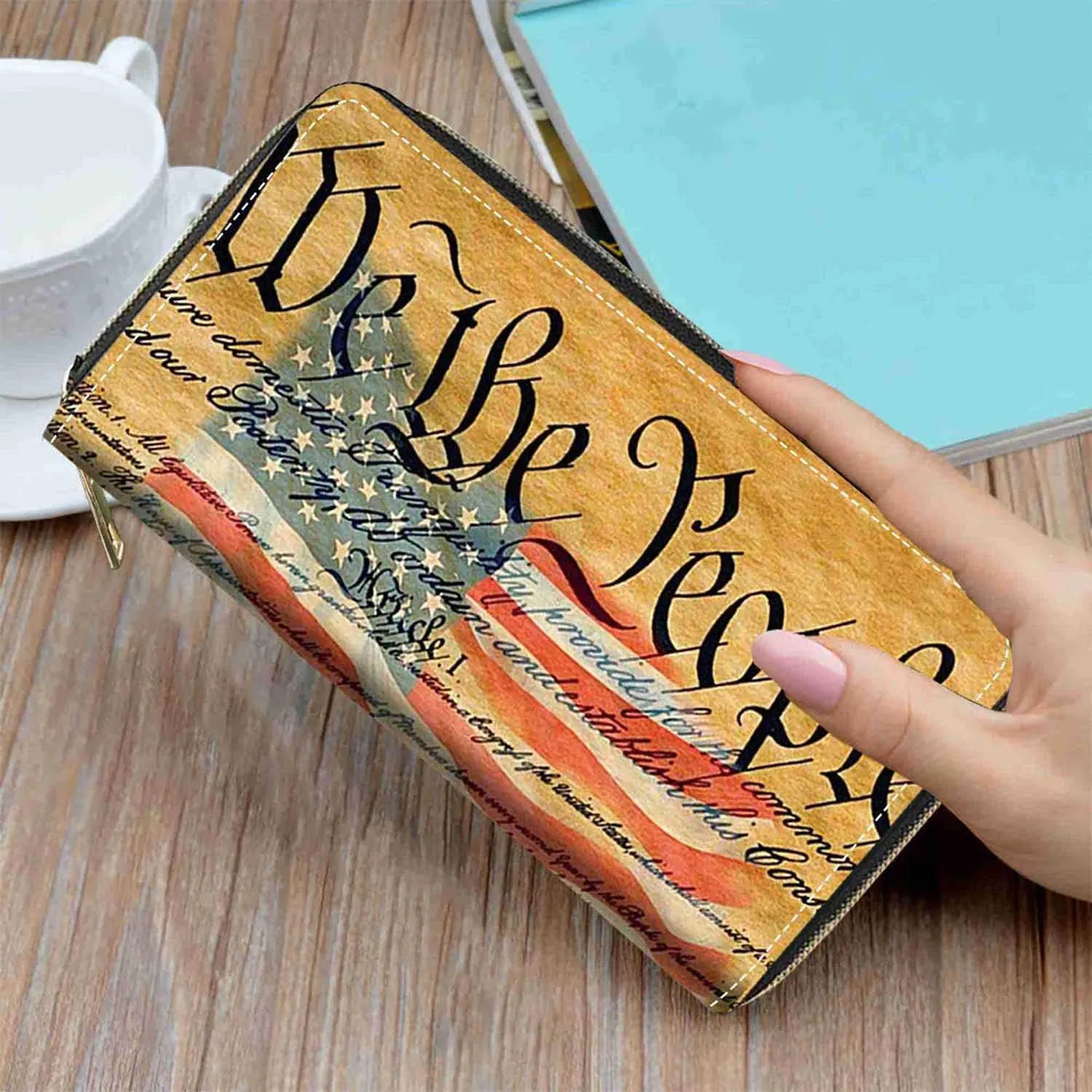 American Flag Constitution We The People Print Wallet for Women Large Capacity Wallet Credit Card Holder PU Leather Zipper Clutch Purse Phone Wallet